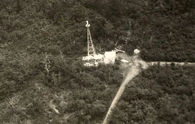 Aerial view of an airmail light beacon tower, somewhere along the New York to Chicago route, in the mid-1920s.