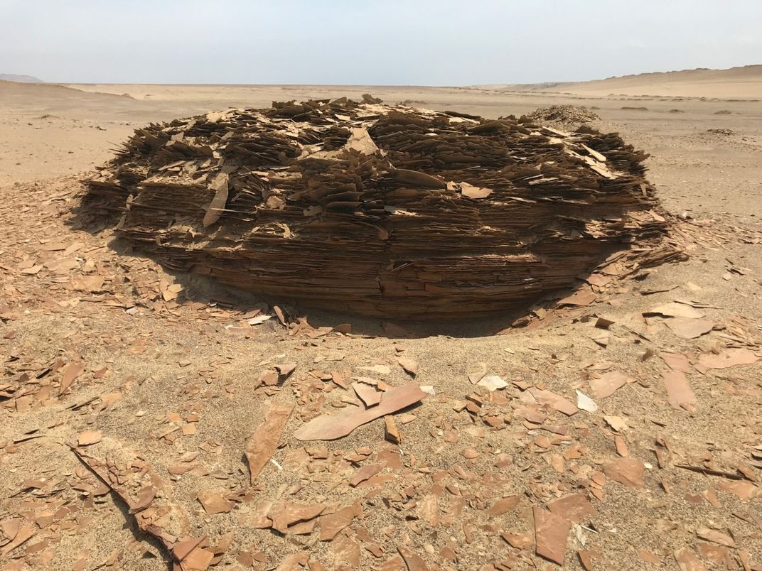 A land formation in the desert of Peru's Paracas National Reserve resembles a puff pastry with its stacked, thin layers.