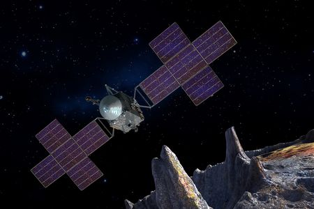 NASA’s Psyche mission to a distant metal asteroid that pass near Mars will carry a revolutionary Deep Space Optical Communications (DSOC) package. This artist’s concept shows Psyche spacecraft with a five-panel array.