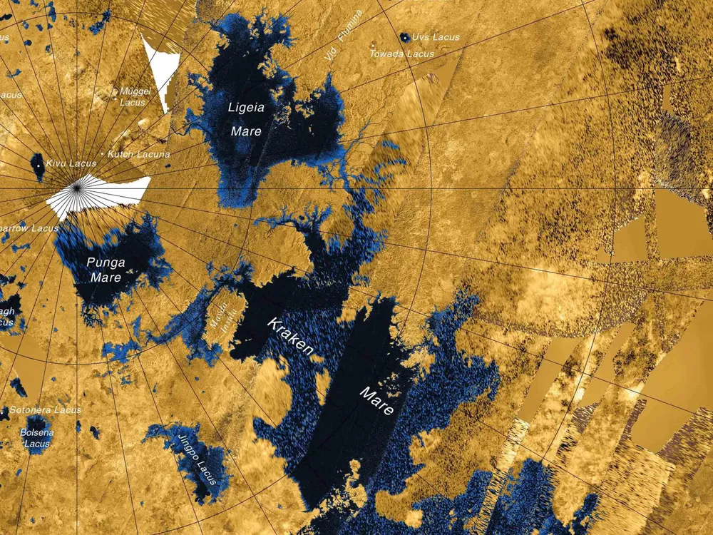 A map of Saturn's moon, Titan, shows the lakes of its northern hemisphere