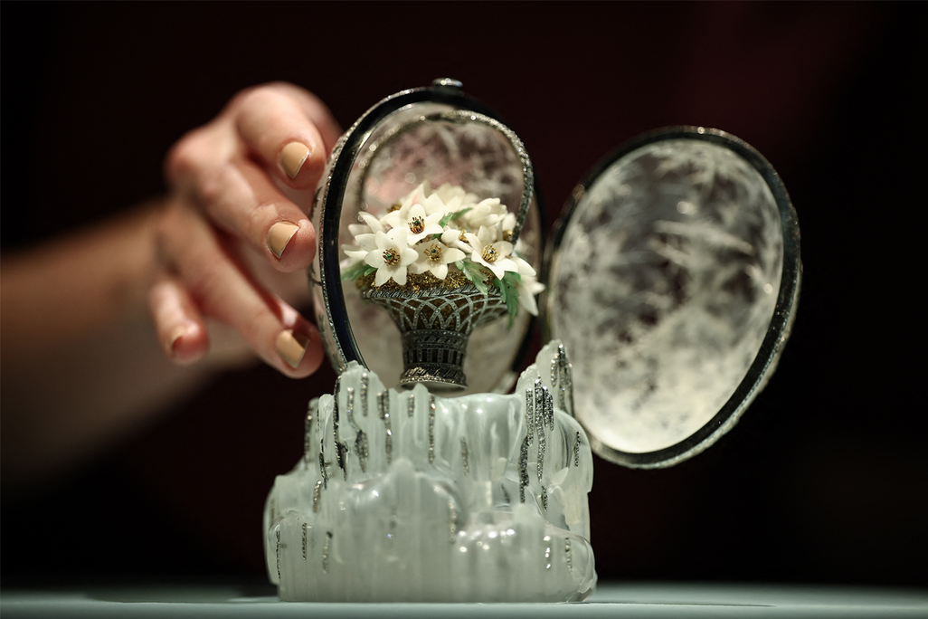 The Winter Egg by Fabergé, which was commissioned by former Russian emperor Nicholas II as an Easter gift to his mother in 1913, is displayed during a media preview by auction house Christie's in central London on November 27, 2025.