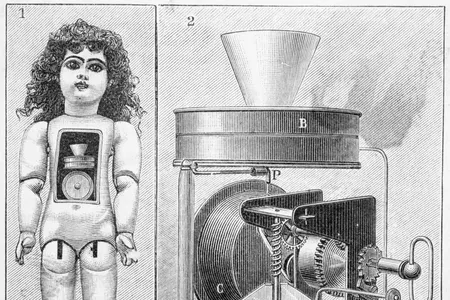 An original schematic of Thomas Edison's speaking doll showing the phonograph mechanism inside