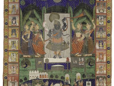 Sharad Purnima: The Autumn Full Moon,&nbsp;Nathdwara,&nbsp;Rajasthan state, India, opaque watercolor, tin and gold on cotton, possibly handwoven,&nbsp;late 19th century