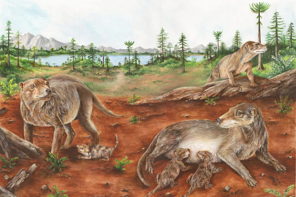 an illustration of dog-looking creatures, including newborns, on a natural landscape
