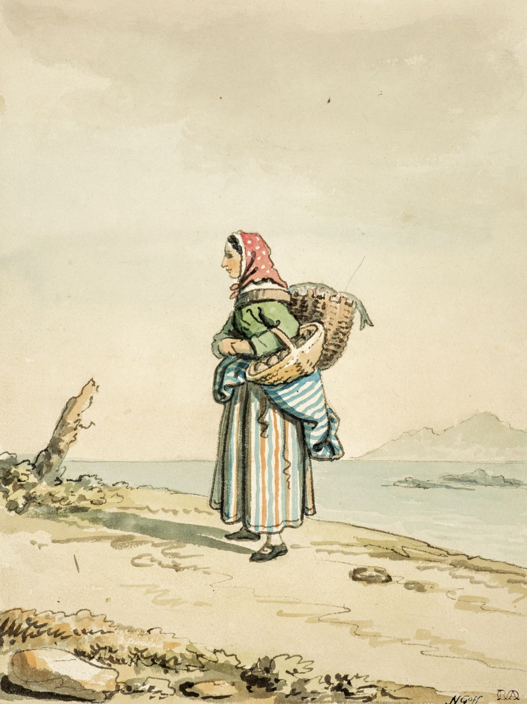 A side-profile, full-length portrait of a woman with a red kerchief, carrying a basket of fish on her back and standing on a beachfront