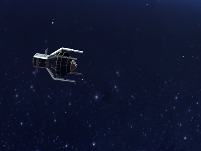 An artist's impression of the upcoming ClearSpace-1 robot using its four arms to capture a piece of space debris that was left behind in 2013.