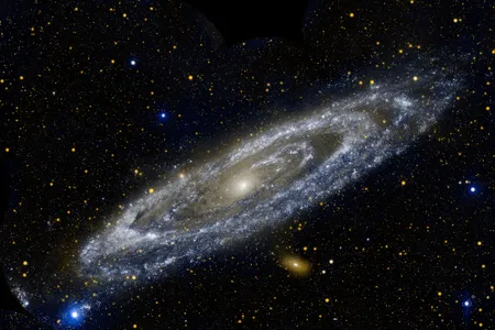 An ultraviolet image of the Andromeda galaxy, the closest major galaxy to the Milky Way, taken by NASA's Galaxy Evolution Explorer space telescope. Like our own galaxy, Andromeda is a spiral galaxy with a flat rotating disk of stars and gas and a concentrated bulge of stars at the center. 