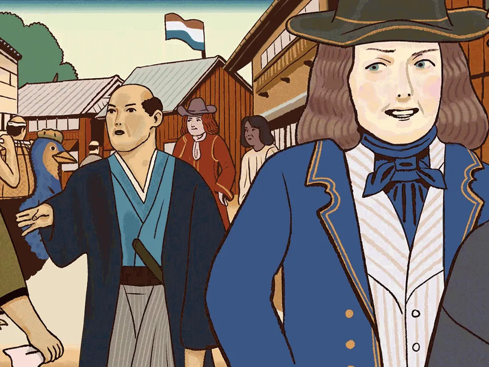 Illustration of Japanese and European people on the island of Dejima