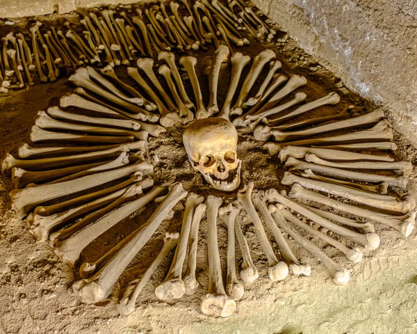 Human Skull and Bones Used as Art in Catacomb thumbnail