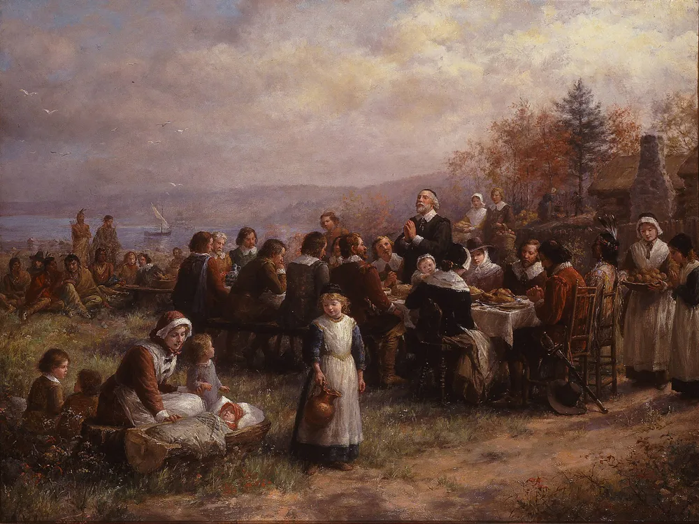 1925 painting of an early Thanksgiving celebration in Plymouth by Jennie A. Brownscombe