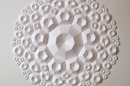 “Enneagon” features repeating crystalline-like shapes. “You think you understand a pattern, but if you zoom out or change your perspective, it changes,” Shlian says. Created in 2015, measures 48 x 48 inches.