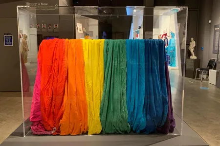 Queer artist Gilbert Baker preserved this 10- by 28-foot section of an original 1978 pride flag.