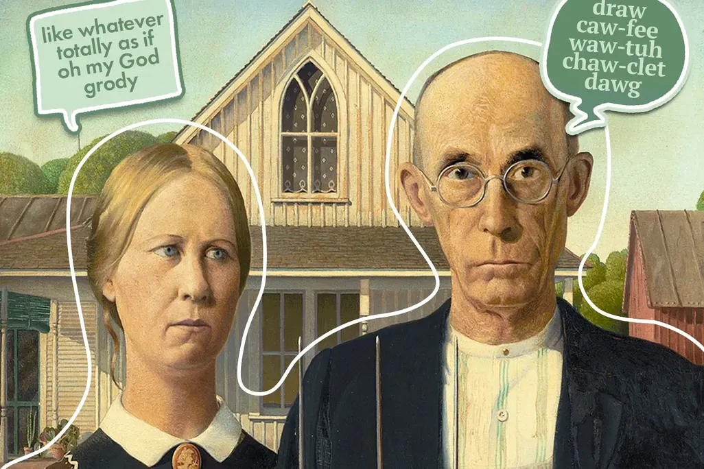 A GIF of Grant Wood's "American Gothic," with the subjects speaking in different dialects