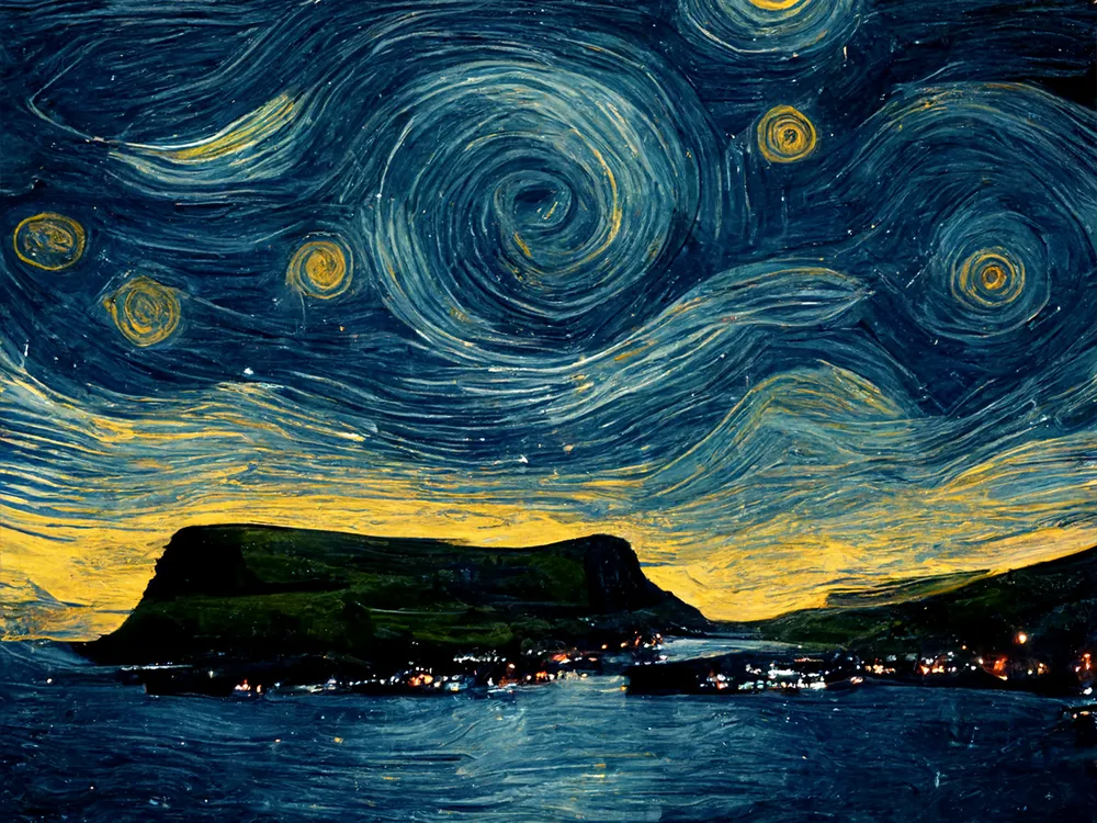 An A.I.-generated image of the Faroe Islands inspired by Vincent Van Gogh