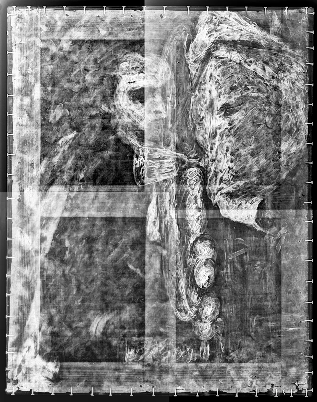 Digital x-ray mosaic of Still Life with Bread and Eggs