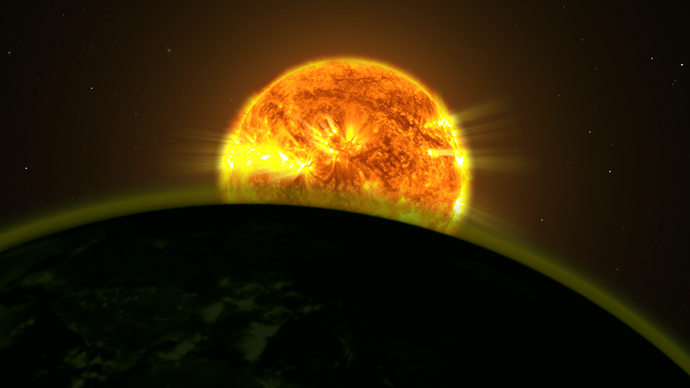 This illustration shows a star's light illuminating the atmosphere of a planet.