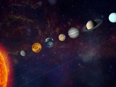 An illustration of our solar system&#39;s planets in a line. This week, six planets appeared to be in a line from Earth&#39;s perspective, but they did not acutally align in space.