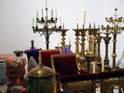 Religious artifacts saved from Notre-Dame de Paris cathedral stored in a room of the Paris City Hall on April 16.