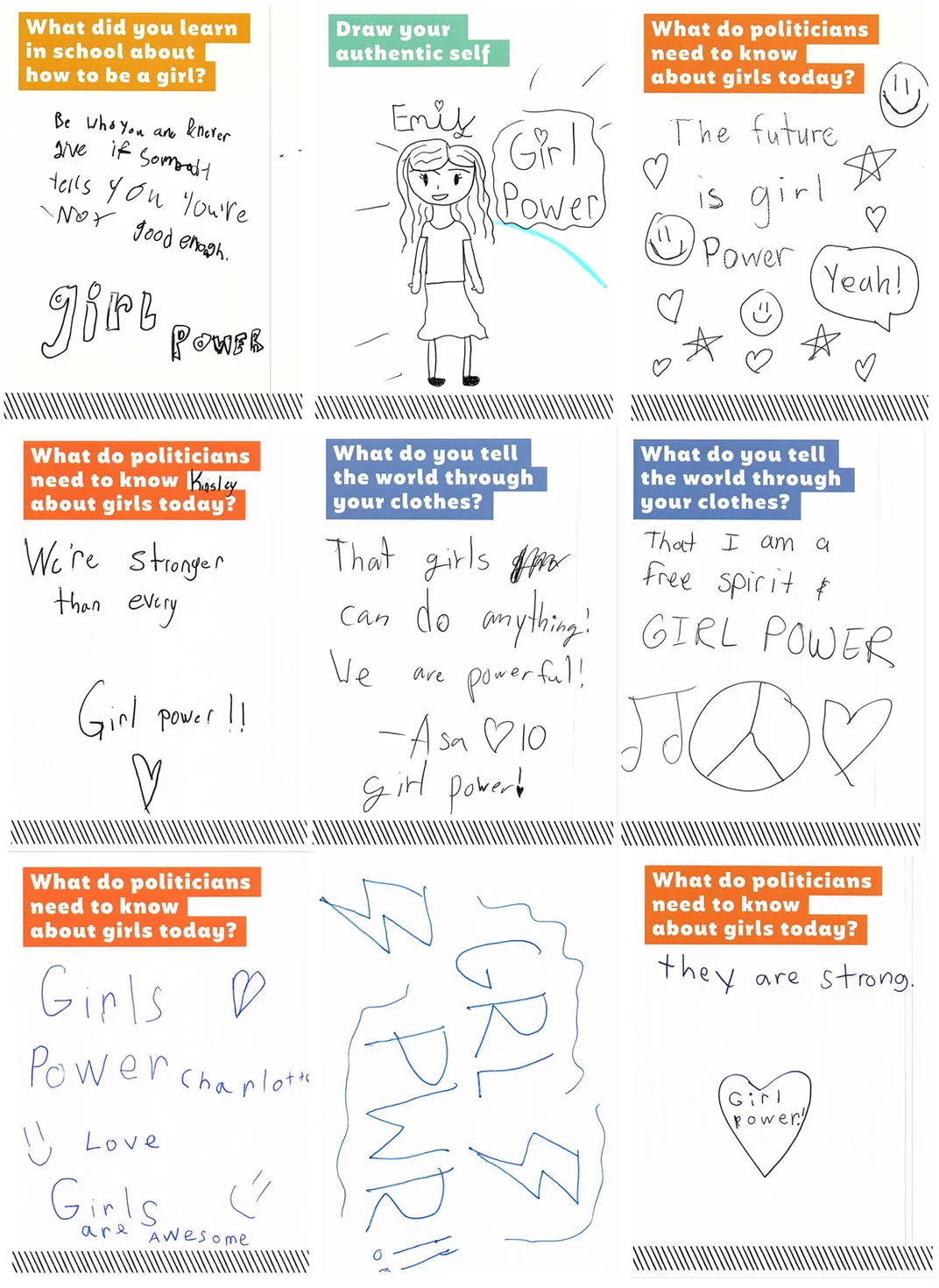 Nine cards with messages from younger visitors. Asa, age 10, responds to the prompt "What do you tell the world through your clothes" with the message "That girls can do anything! We are powerful! . . . Girl Power!"