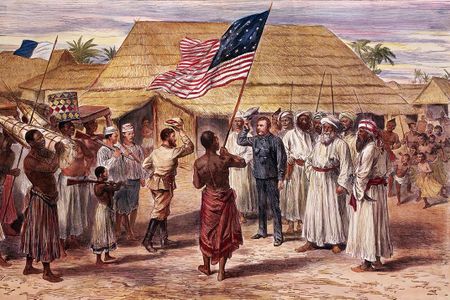 An illustration based on Livingstone's materials depicts the famous meeting of Livingston and Stanley at Ujiji, Lake Tanganyika in Africa. 