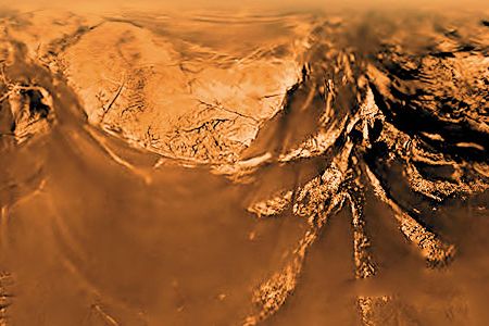 From images sent by the Huygens probe in 2005, scientists created this view of Titan from 30,000 feet — about the altitude at which an airplane would cruise.