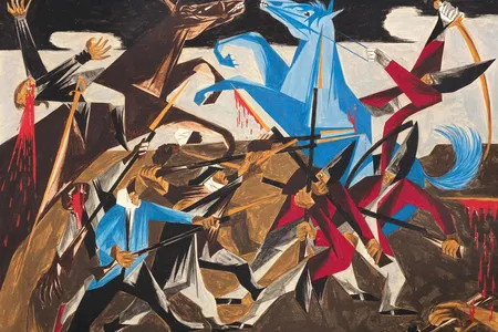 Jacob Lawrence, . . .again the rebels rushed furiously on our men. — a Hessian soldier, Panel 8, 1954, from Struggle: From the History of the American People, 1954-56