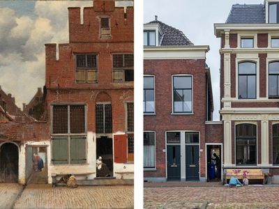 Vermeer's "Little Street" painting compared to the buildings at the present-day address.