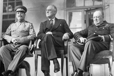 Joseph Stalin, Franklin D. Roosevelt and Winston Churchill at the Tehran Conference.