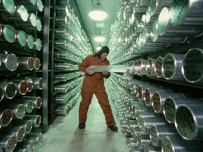 Ice cores in Colorado are stored in a freezer at -33F. The core pictured here is from Greenland. 
