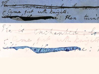 A digitization of a draft from the Wren Library (above) and a&nbsp;multispectral image processed by Michael Sullivan from raw imaging by Andrew Beeby (below)