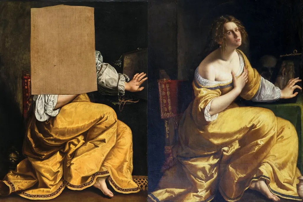 A damaged portrait of Mary Magdalene by Artemisia Gentileschi (left) and a similar version of the same scene (right) housed at the Pitti Palace