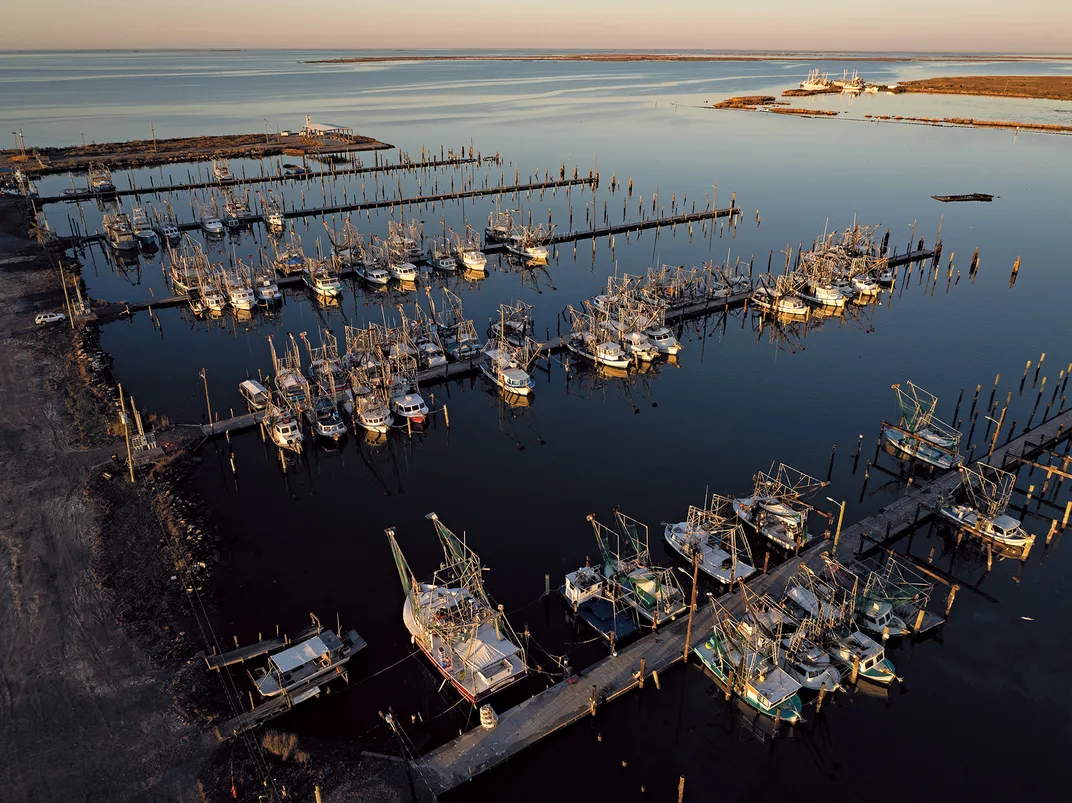 an aerial view of docked of commercial shrimp boats