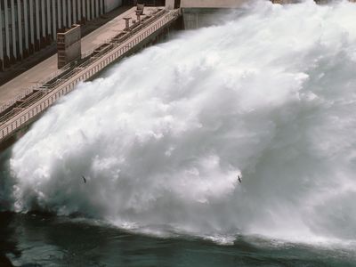 Water gushes out of Aswan Dam in Egypt.