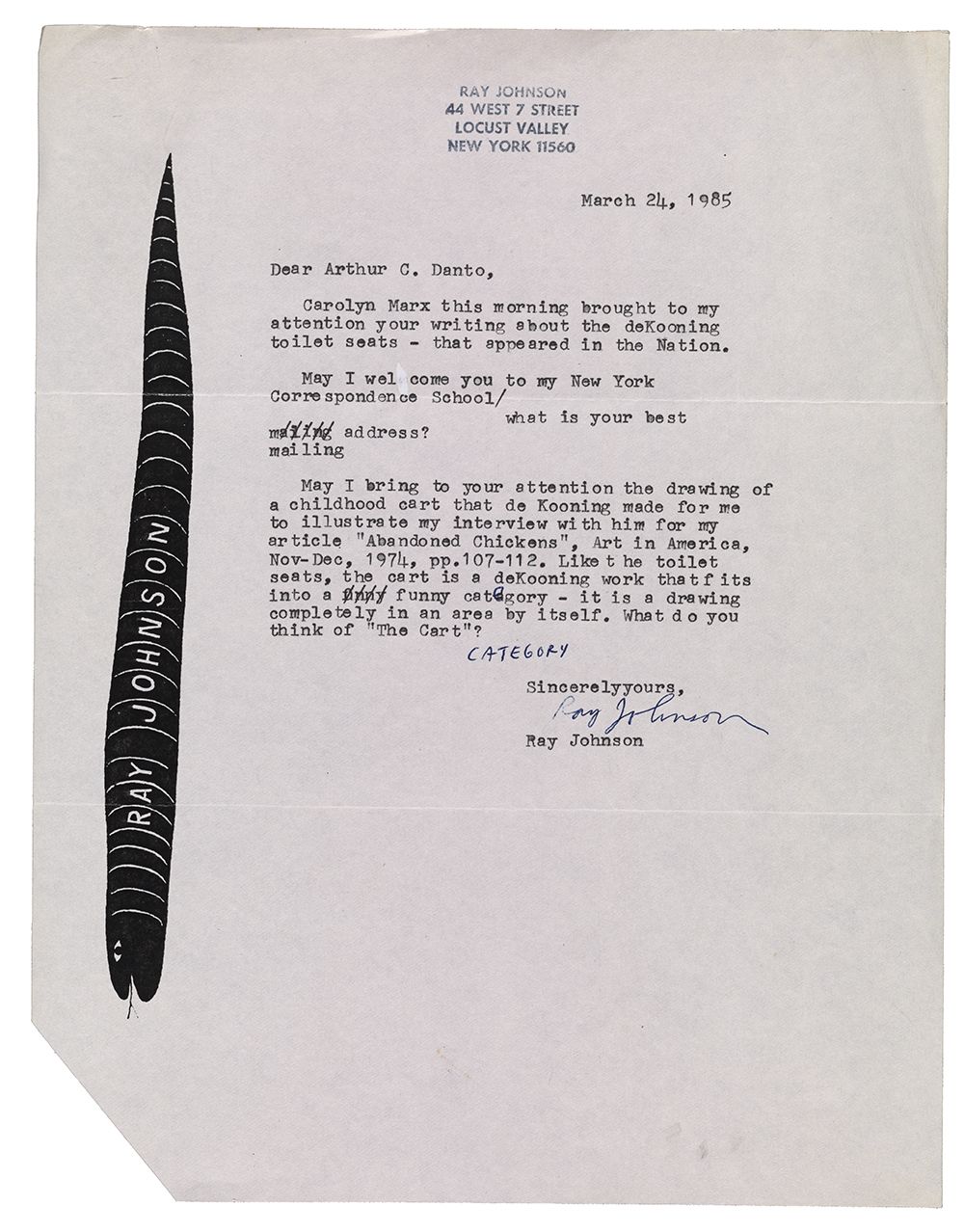 Letter sent to Arthur C. Danto by Ray Johnson