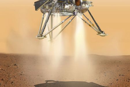 Illustration of NASA's InSight lander about to land on the surface of Mars.