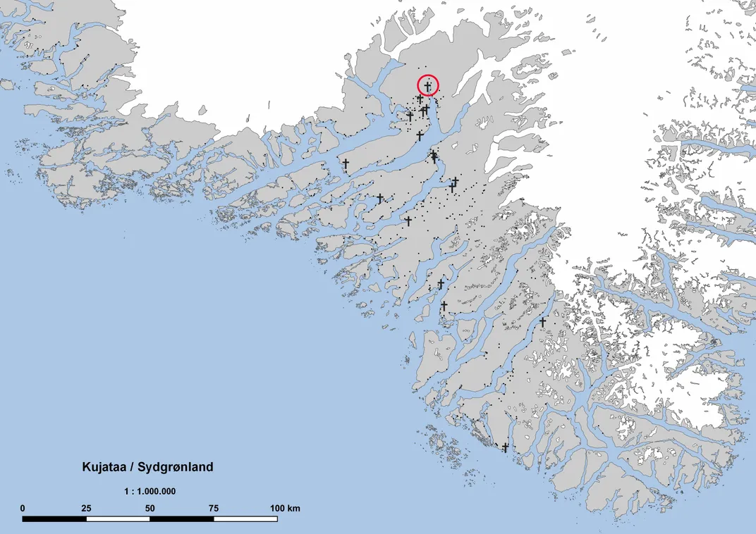 A map of southern Greenland with crosses on it