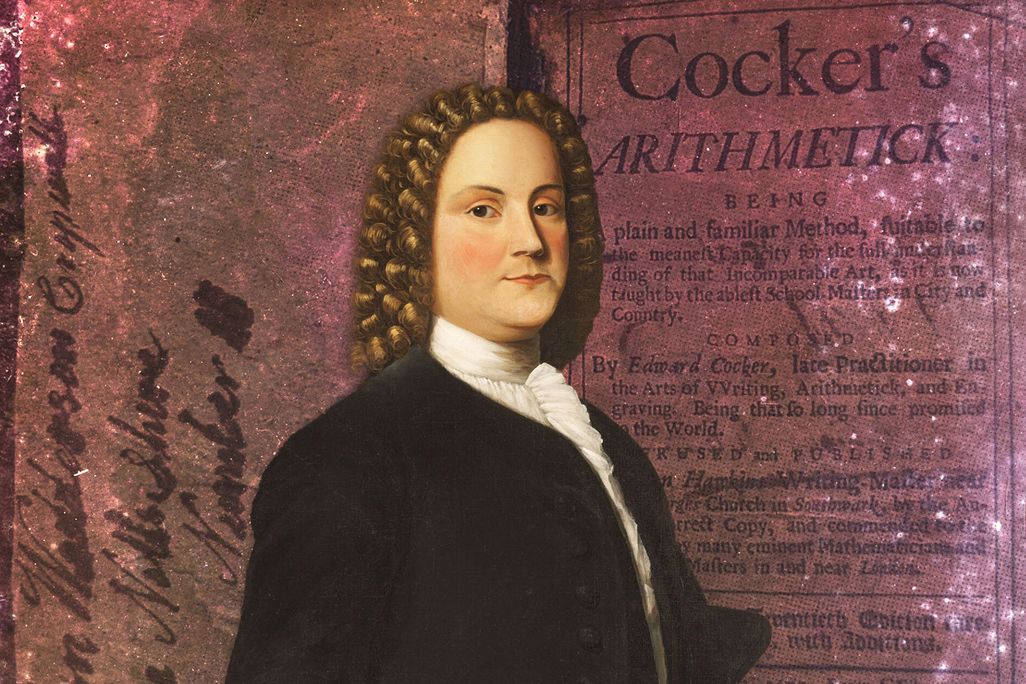 An illustration of a young Benjamin Franklin in front of the opening pages of "Cocker's Arithmetick"