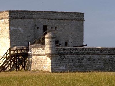 Fort Matanzas, about fifty feet long on each side, was constructed of coquina, a local stone formed from clam shells and quarried from a nearby island.