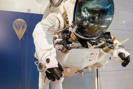 The suit Alan Eustace wore during his record-breaking freefall jump in October 2014 is on view at the Smithsonian's Udvar-Hazy Center in Chantilly, Virginia. 