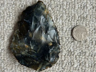 The hand ax, seen here beside a 20-pence coin, is between 40,000 and 60,000 years old.