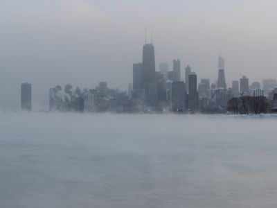 The Chicago skyline during the polar vortex.