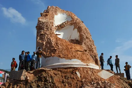 The rubble of Dharahara Tower, which was once the tallest building in Nepal. 