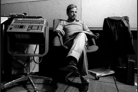 Stephen Sondheim sitting in a&nbsp;recording control room in 1987