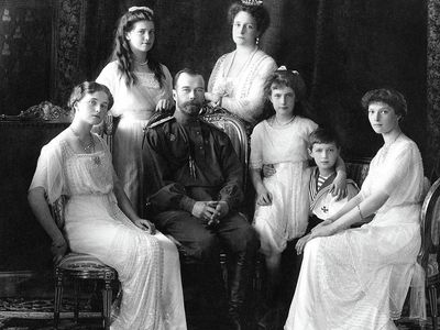 The Russian Imperial Family, as photographed in 1911. The Russian Orthodox Church has not recognized the remains of Maria (second from left) and Alexei (second from right), despite DNA analysis. 
