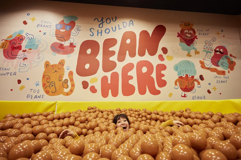 Person's head sticking out of brown ball pit