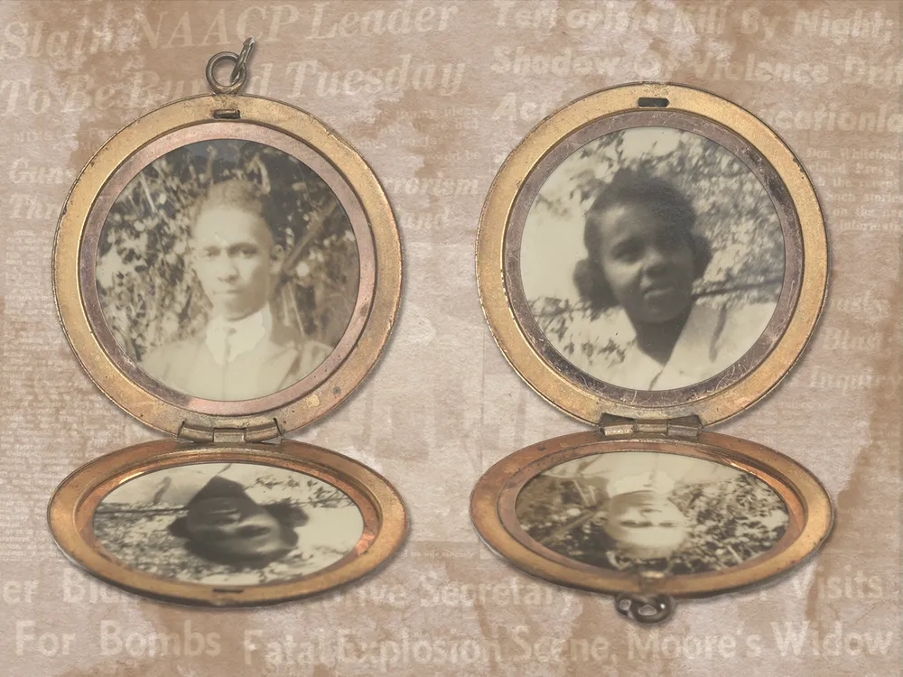 Lockets featuring photos of Harry T. and Harriette V. Moore in front of a collage of newspaper headlines about the 1951 bombing