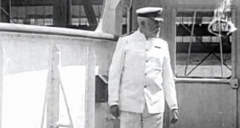 Captain Edward Smith purportedly on the Titanic, but actually filmed a year earlier aboard the Olympic.