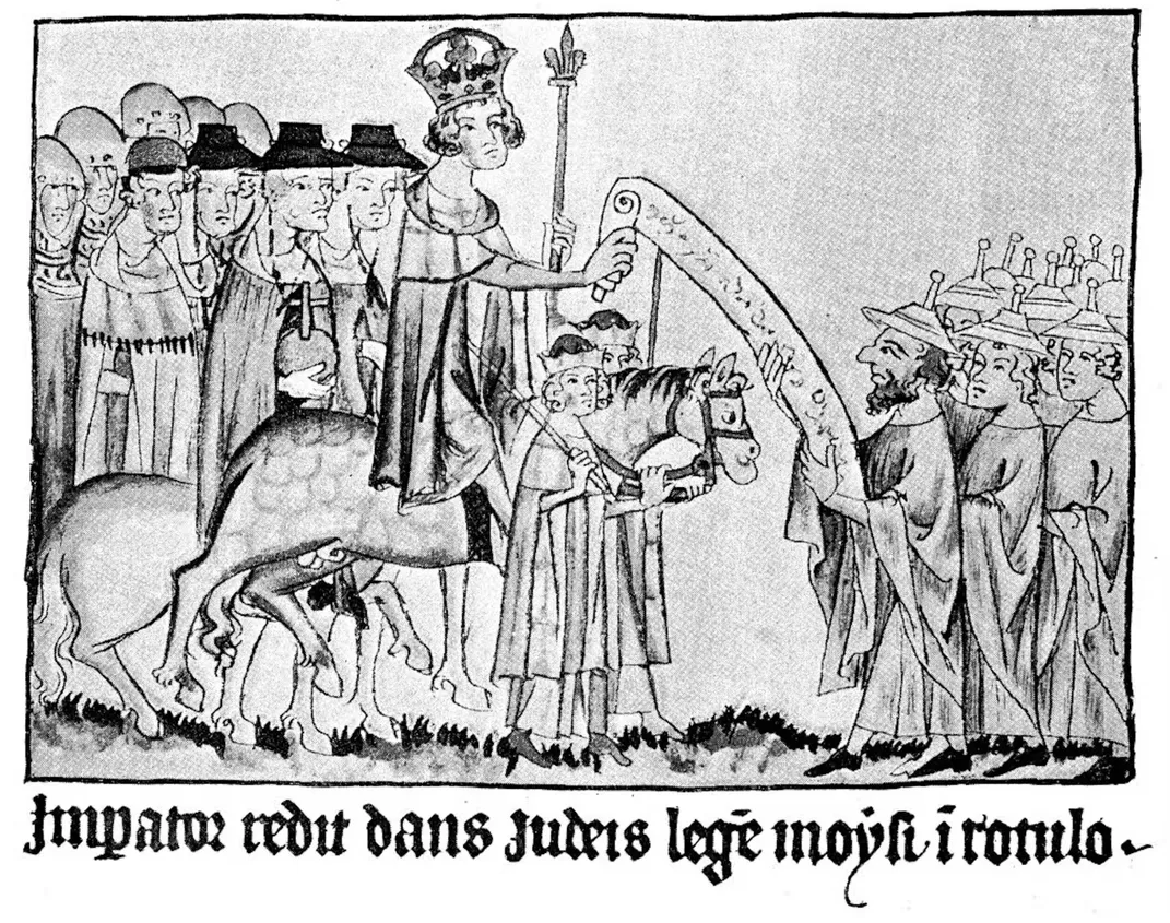 Jews in pointed hats receive confirmation of their privileges from Holy Roman Emperor Henry VII in the Codex Trevirensis, circa 1340