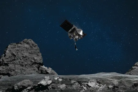 This artist's rendering shows the OSIRIS-REx spacecraft descending towards asteroid Bennu to collect a sample.
