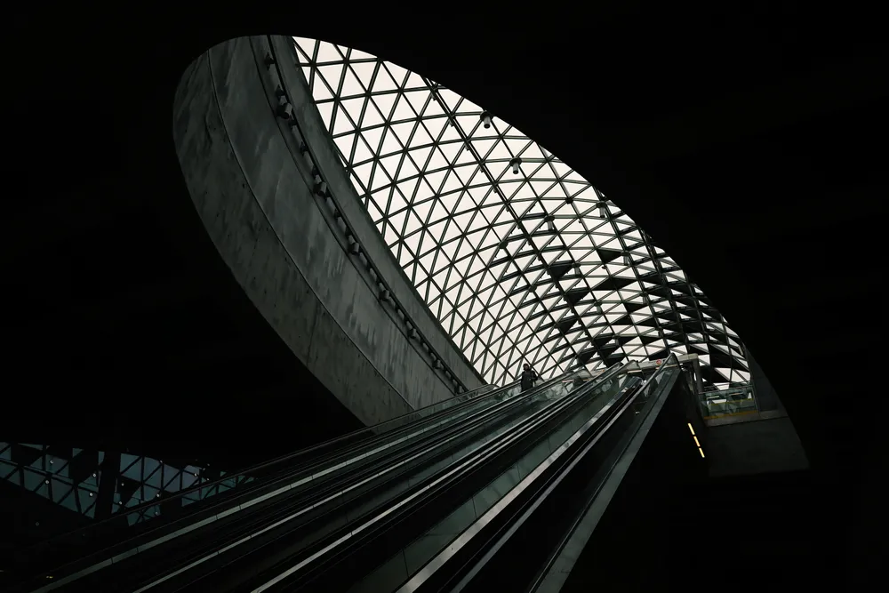 The underground station on the newest metro line in Budapest. The new stations have also elevators, but people still prefer escalators.